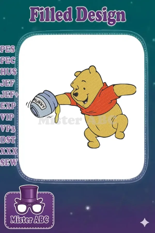 Winnie the Pooh embroidery design, happily reaching for a 'Hunny' pot, showcasing vibrant colors and detailed stitching.