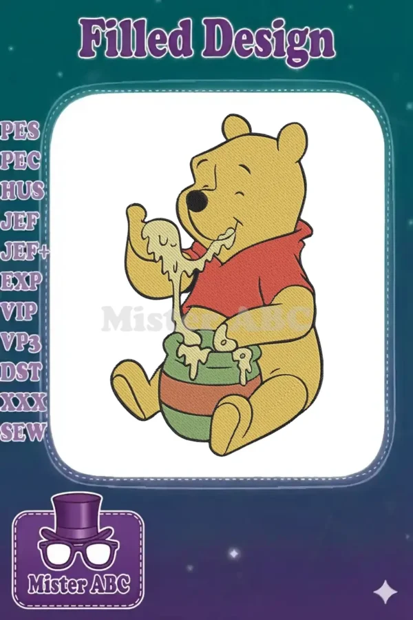 Winnie the Pooh happily eating honey from a pot, with honey dripping, in a vibrant, high-quality embroidery design.