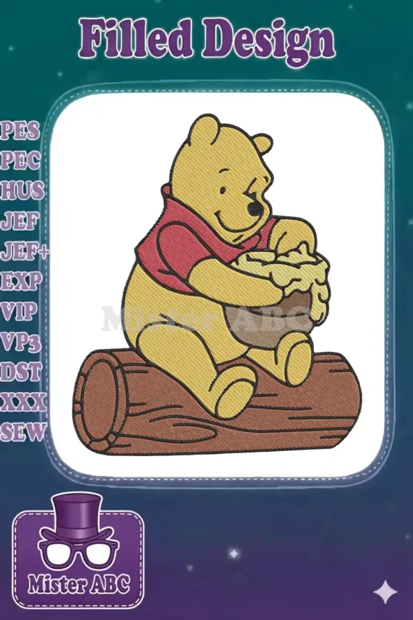 Winnie the Pooh embroidery design, sitting on a brown log, happily eating golden honey from a pot.