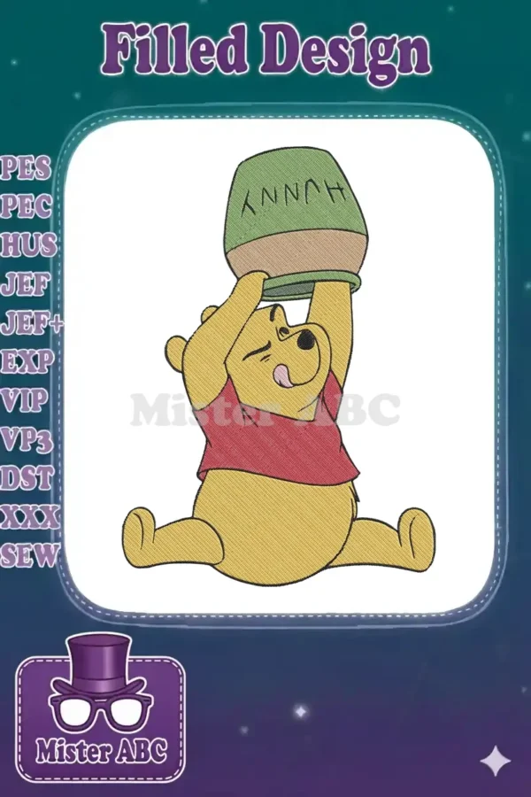 A delightful embroidery of Winnie the Pooh, sitting and straining to lift a "HUNNY" pot above his head.