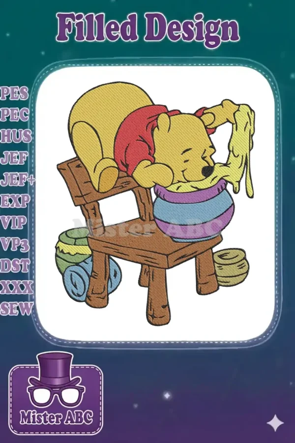 Winnie the Pooh asleep on a wooden chair, head submerged in a striped honey pot, with honey dripping out.
