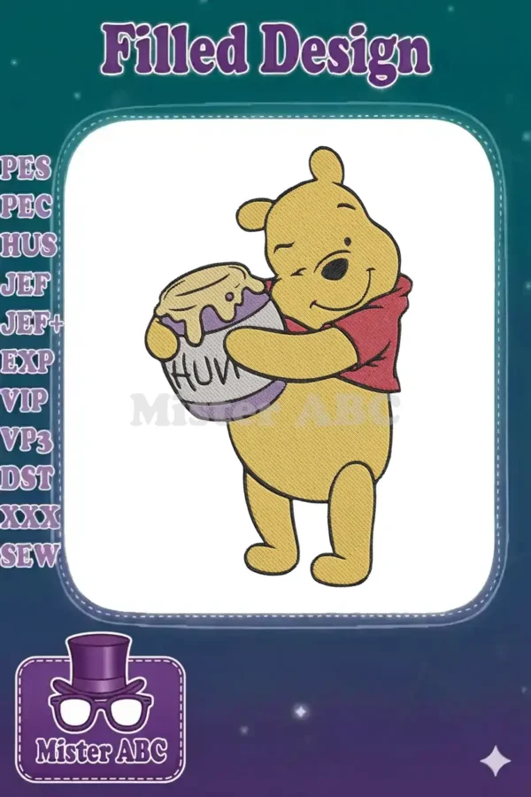 Winnie the Pooh embroidery design, cheerfully hugging a 'HUNNY' pot, featuring vibrant gold and red threads.