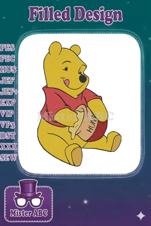 Winnie the Pooh embroidery design showing the beloved bear sitting, holding a 'HUNY' pot, with a happy expression.