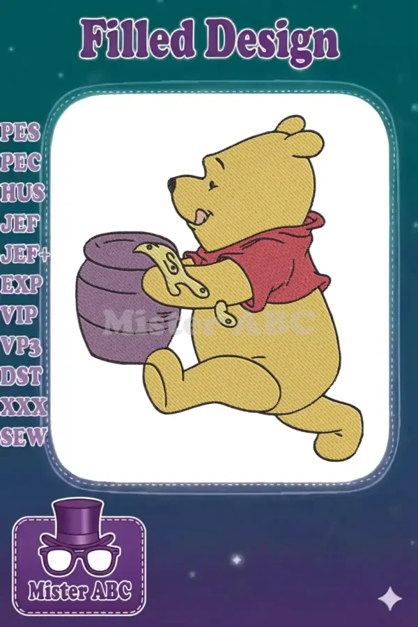 Winnie the Pooh merrily running with a purple honey pot, eyes gleaming, ready for a sweet treat. A classic character.