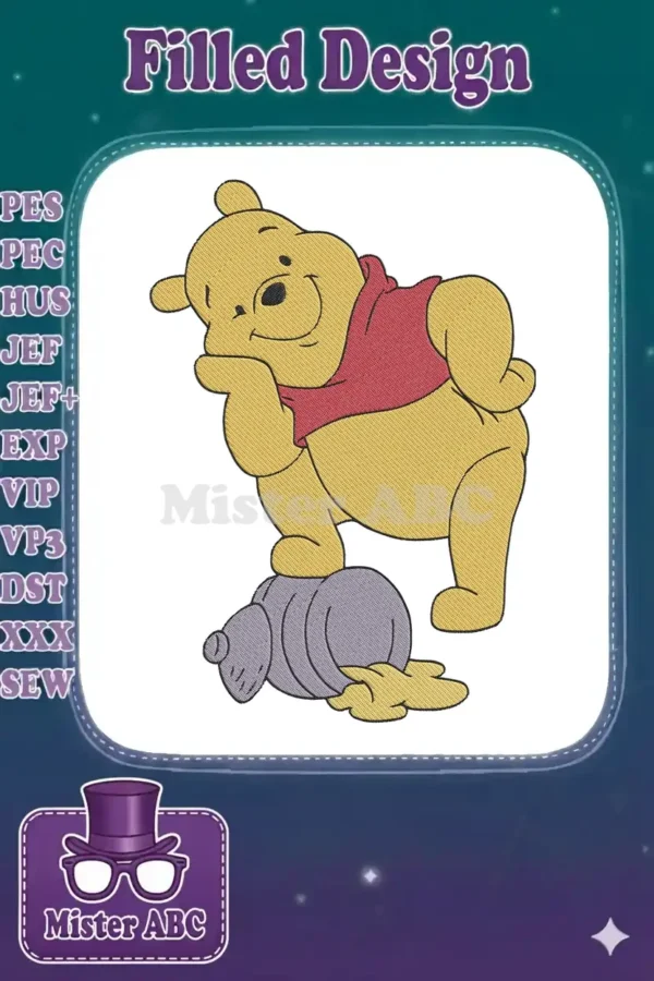 Winnie the Pooh embroidery design with an overturned honey pot, featuring rich texture and vibrant colors.