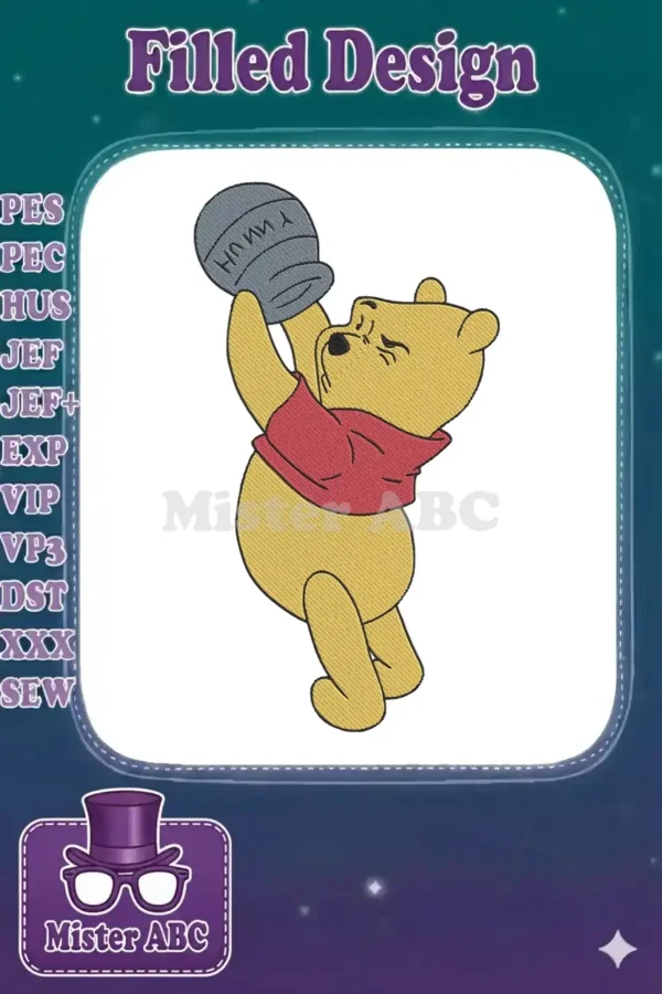 Embroidered Winnie the Pooh design shows him straining to lift a large gray 'Hunny' pot, eager for a treat.