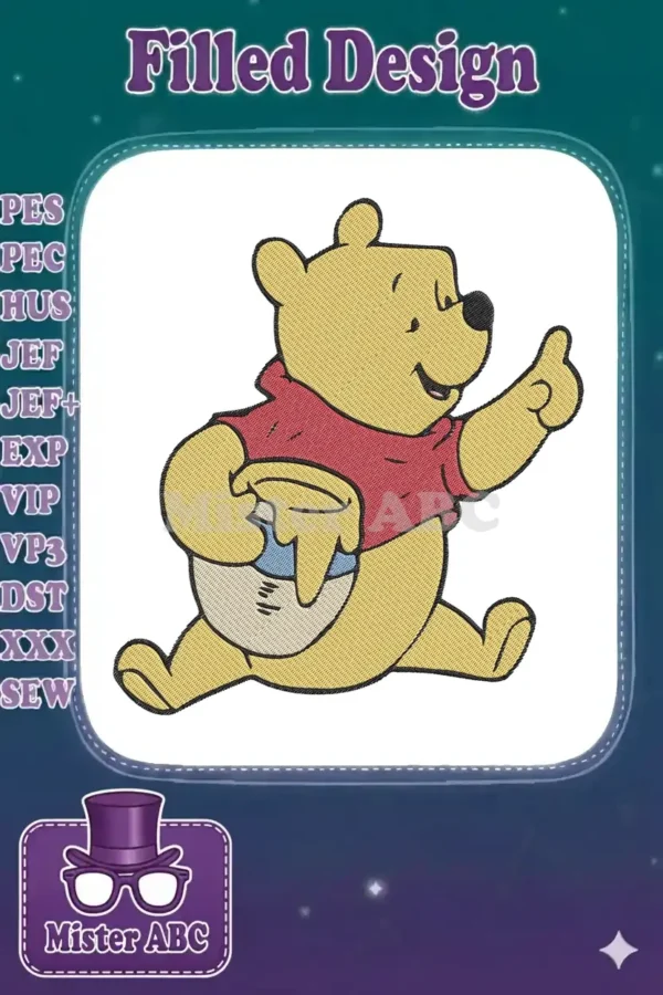 Vibrant embroidery of Winnie the Pooh running happily, carrying a honey pot, with his arm raised, on a white background.