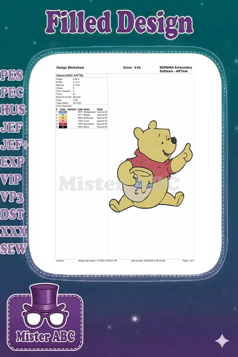 BERNINA Embroidery Design Worksheet for Winnie the Pooh, showing dimensions, stitch count, and color sequence.