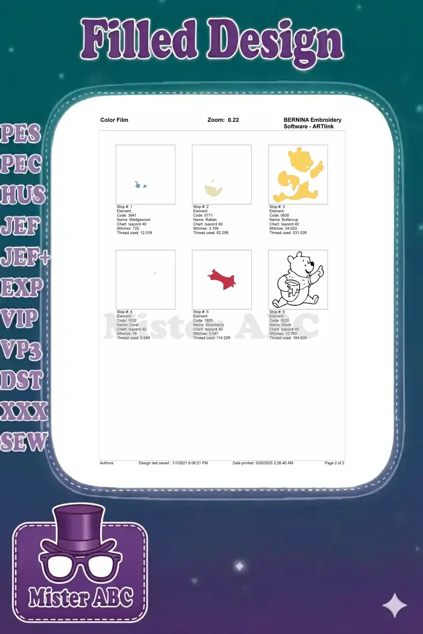 BERNINA Embroidery Color Film showing the stitch sequence for each color in the Winnie the Pooh design.
