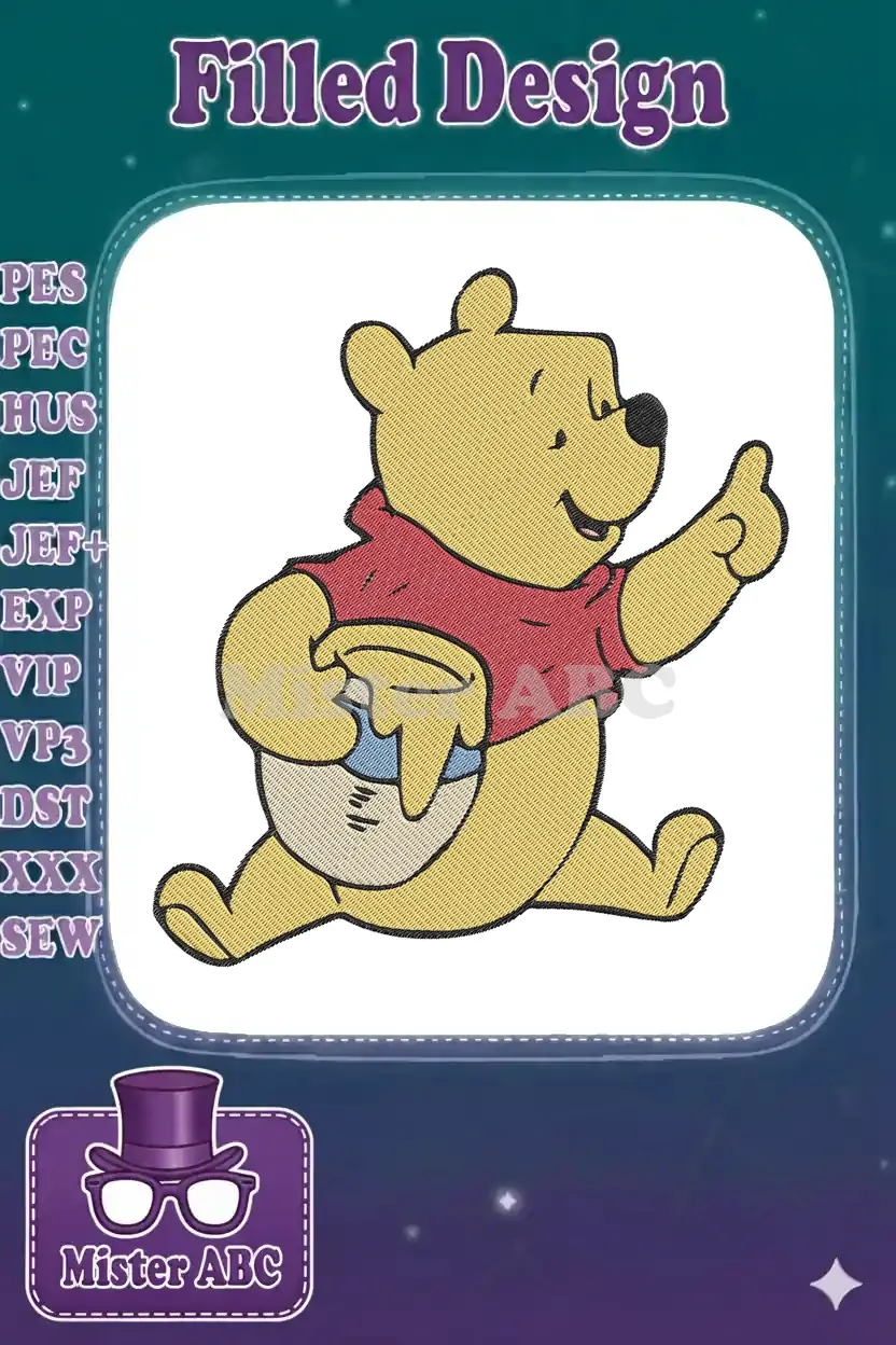 Vibrant embroidery of Winnie the Pooh running happily, carrying a honey pot, with his arm raised, on a white background.
