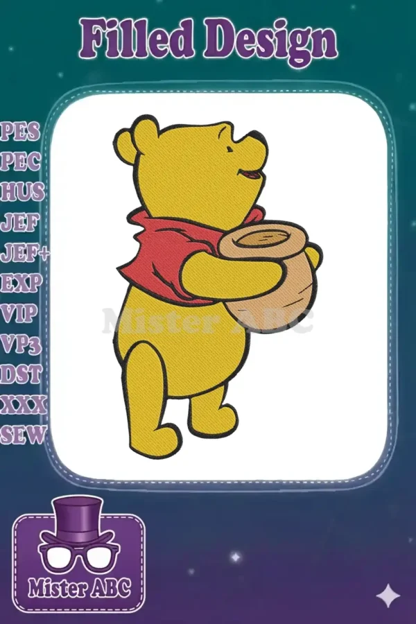 A vibrant embroidery design featuring Winnie the Pooh standing, holding a full pot of golden honey, smiling contentedly.