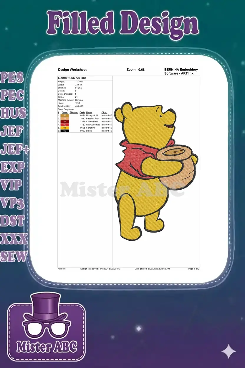 A detailed embroidery design worksheet showing Winnie the Pooh, including stitch count, dimensions, and color sequence.