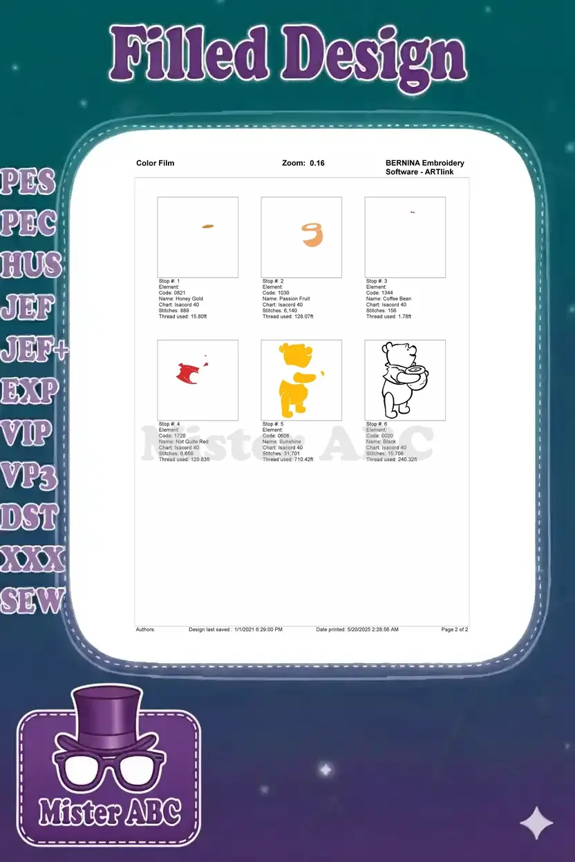 An embroidery color film demonstrating the stitch sequence for the Winnie the Pooh design, showing each color layer.