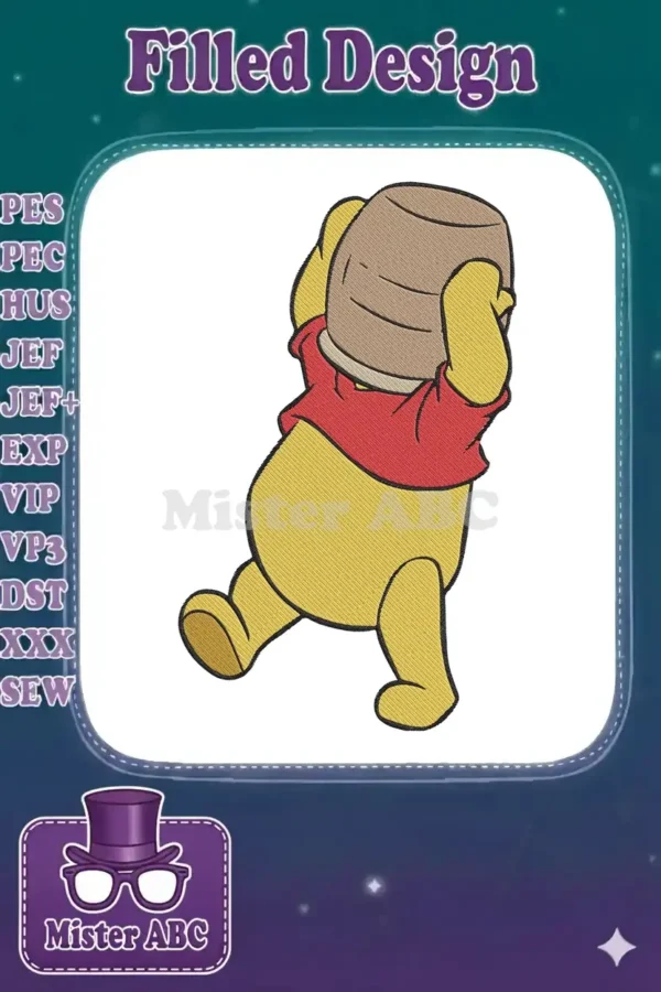 Winnie the Pooh embroidery design, wearing a red shirt, with a detailed brown honey pot stuck on his head.