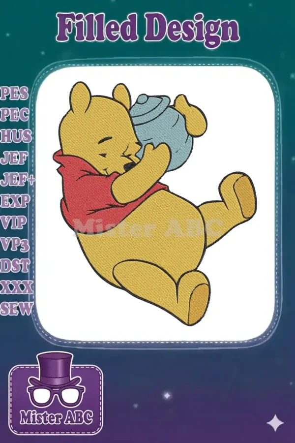 Winnie the Pooh embroidery design, showing the beloved bear in yellow and red, holding a light blue honey pot.