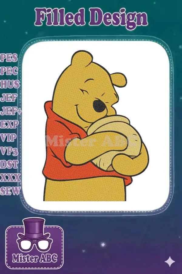 A delightful embroidery design of Winnie the Pooh in his iconic red shirt, joyfully hugging a pot of honey.