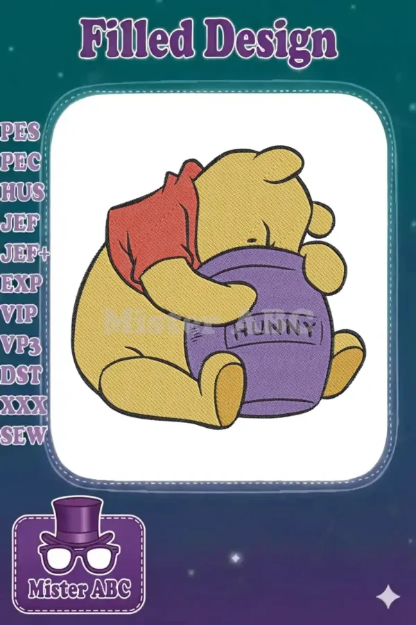 Winnie the Pooh embroidery design, featuring the beloved bear hugging a purple 'HUNNY' pot with a happy expression.