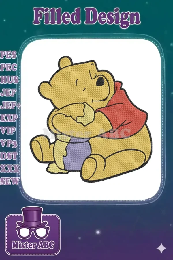 Charming Winnie the Pooh embroidery design, featuring Pooh hugging a honey pot with intricate stitch detail.