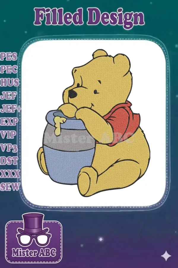 Close-up of a delightful Winnie the Pooh embroidery design, happily seated with a dripping honey pot, showcasing detailed satin stitches.