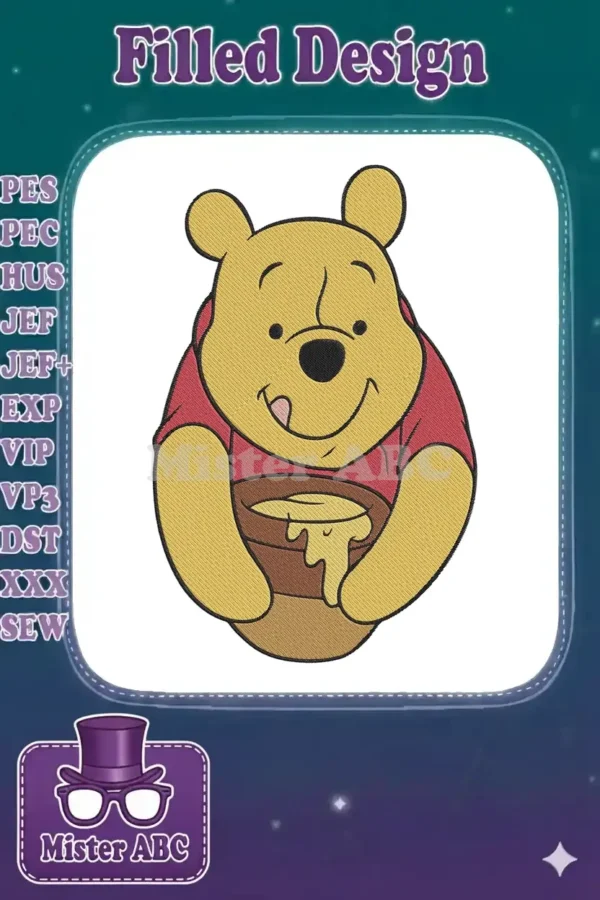 Close-up of a vibrant Winnie the Pooh embroidery design, happily holding a pot of dripping honey. A charming digital file.