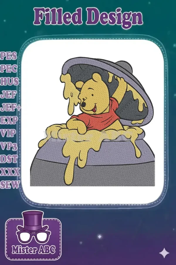 Winnie the Pooh digital embroidery design, drenched in honey from a pot, showcasing vibrant colors and fill stitches.