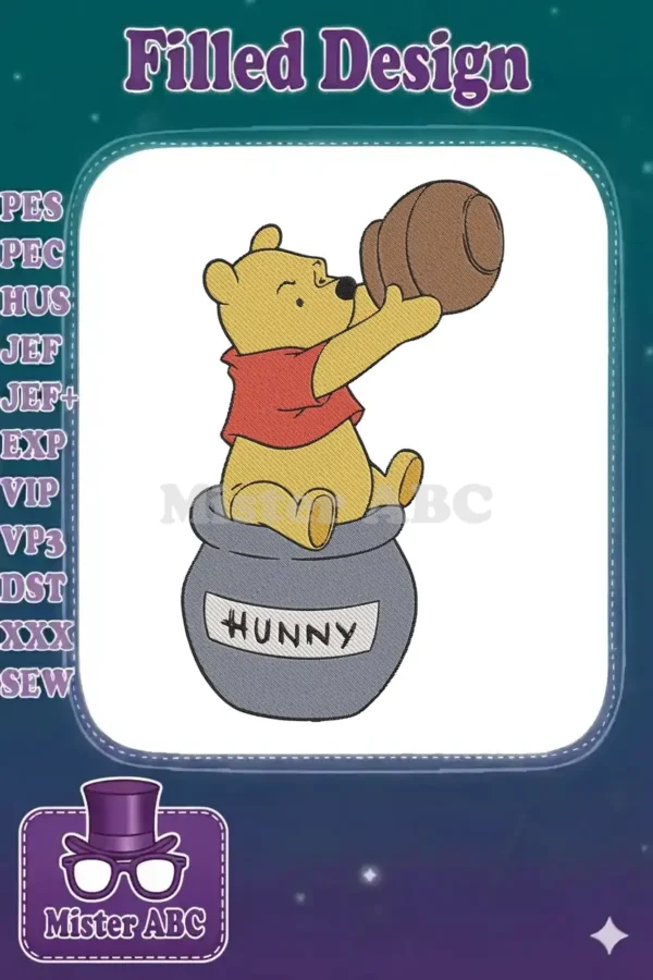 Winnie the Pooh embroidery design, sitting on a 'HUNNY' pot and drinking from a honey pot, full of detail.