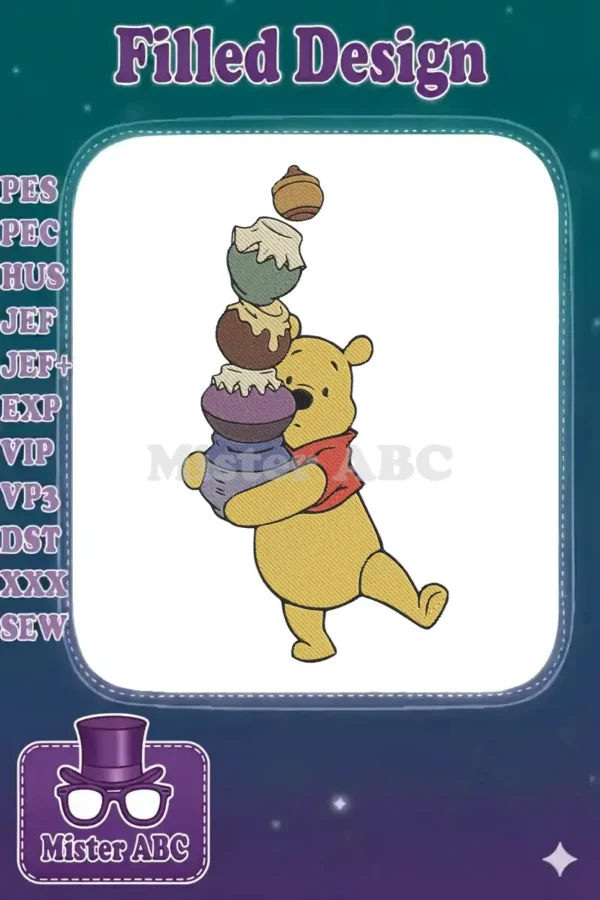 Winnie the Pooh balancing a precarious stack of colorful honey pots, an adorable and detailed embroidery design.