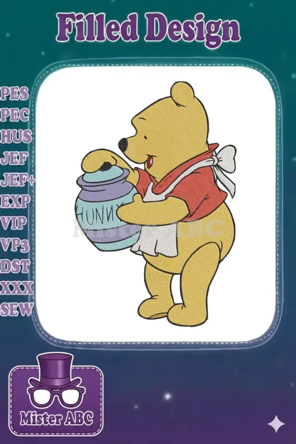 Close-up of a Winnie the Pooh embroidery design, showing the detailed stitching of Pooh holding a 'hunny' pot.