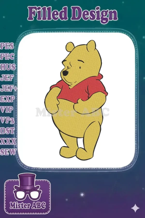 Full-color embroidered Winnie the Pooh standing, looking slightly to the left, with distinct yellow and red threads.