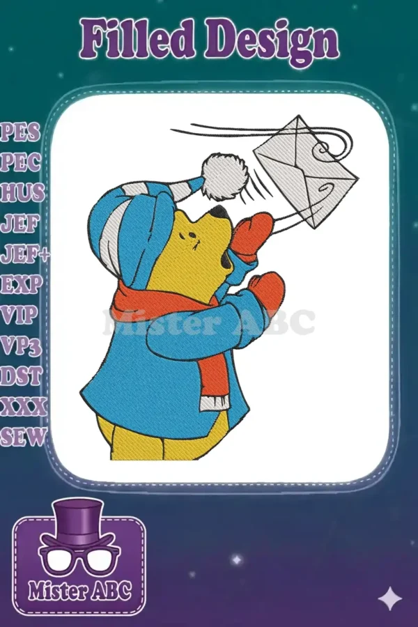 Winnie the Pooh in a blue winter coat, orange scarf, and striped hat, reaching for a white letter.