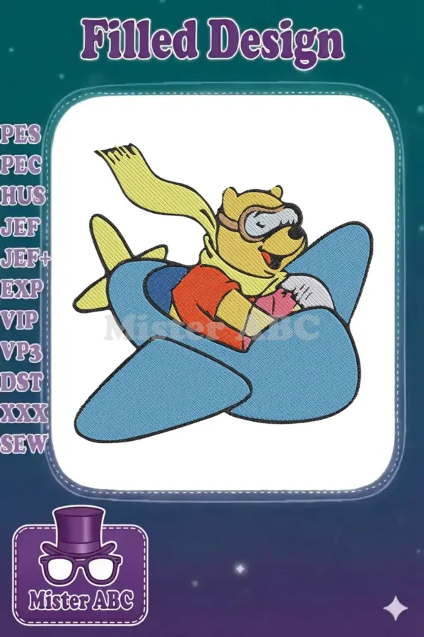 Winnie the Pooh, wearing pilot goggles and a yellow scarf, cheerfully flying a blue airplane in a vibrant embroidery design.