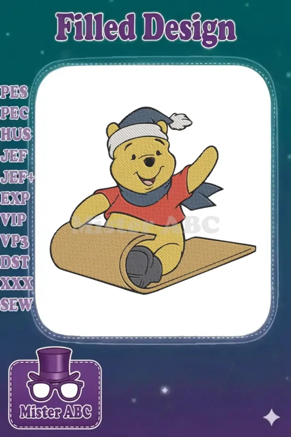 Winnie the Pooh embroidery design, wearing a blue Santa hat and scarf, happily sledding on a brown sled.