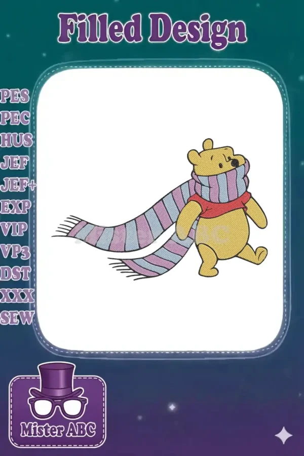 Winnie the Pooh embroidery design, wearing a striped blue and purple scarf, walking cheerfully.