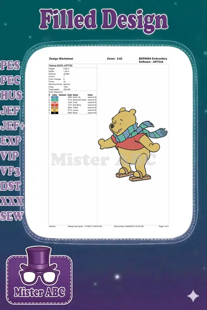 An embroidery design worksheet for Winnie the Pooh, detailing dimensions, stitch count, color sequence, and machine info.