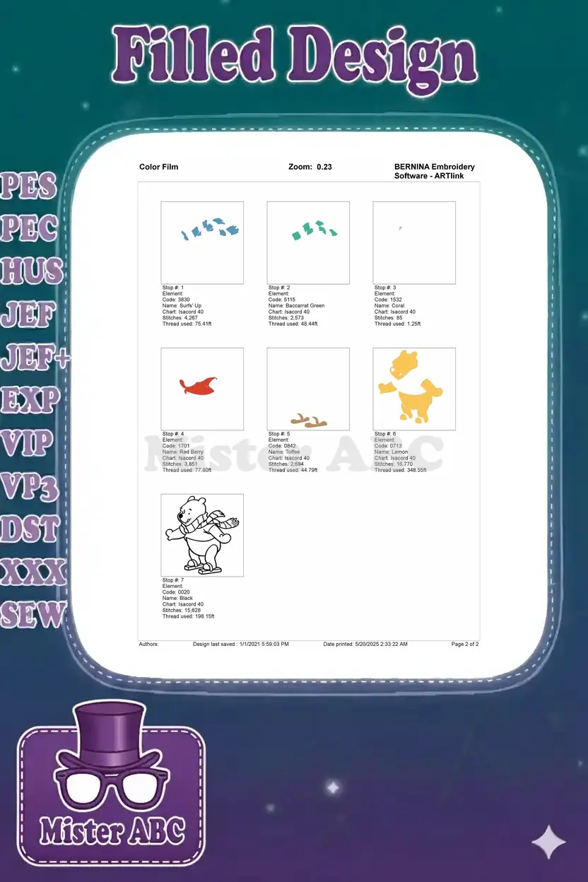 Embroidery color film breakdown for Winnie the Pooh, showing individual color stops and stitch order for the design.