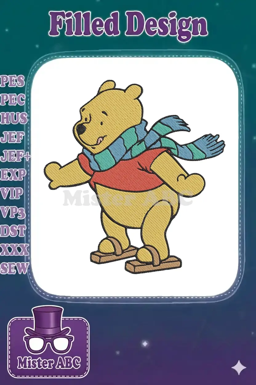 A cheerful Winnie the Pooh embroidery design, donning a red shirt, blue scarf, and ice skates, ready for winter fun.