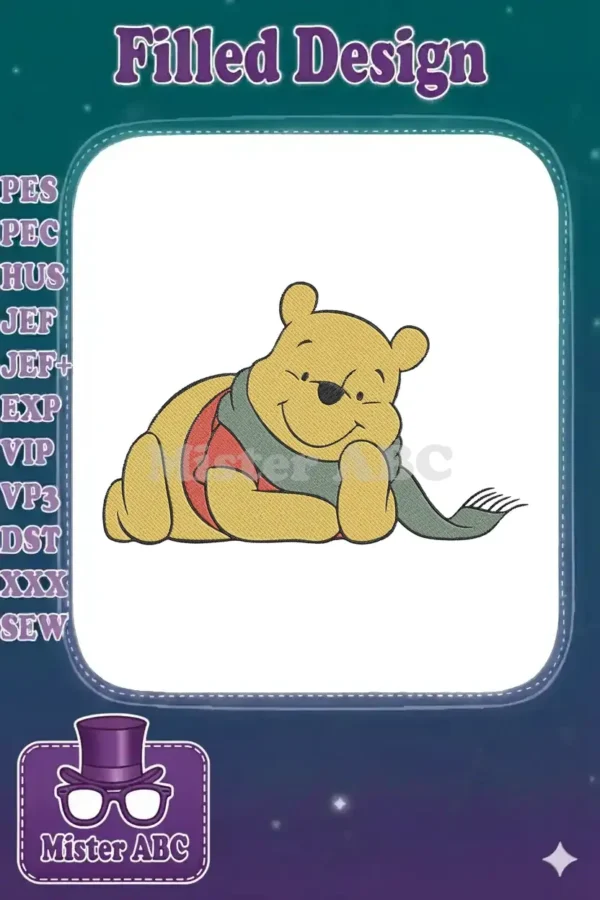 Winnie the Pooh embroidery design, showing the happy bear lying down with a green scarf and red shirt.