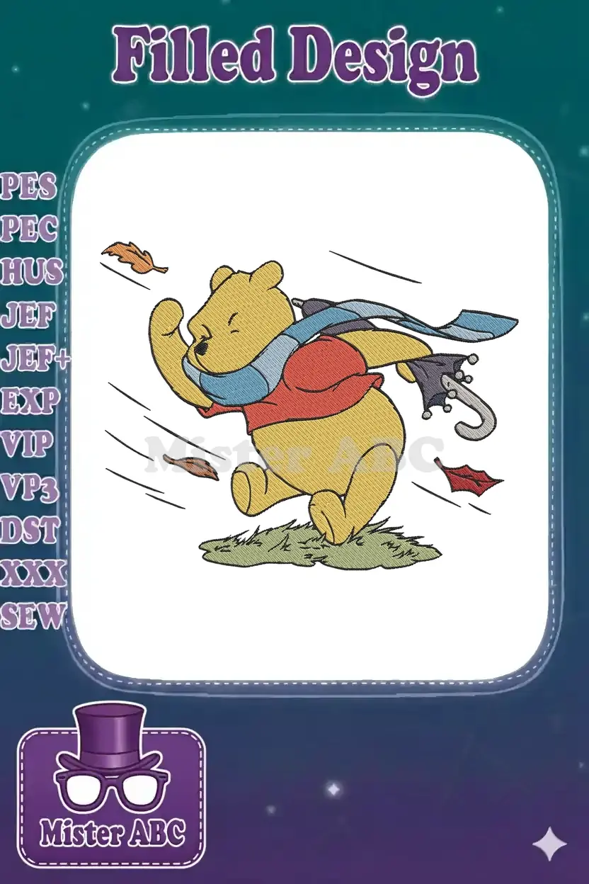 Winnie the Pooh embroidery design running against a strong wind, holding an umbrella and wearing a blue scarf.