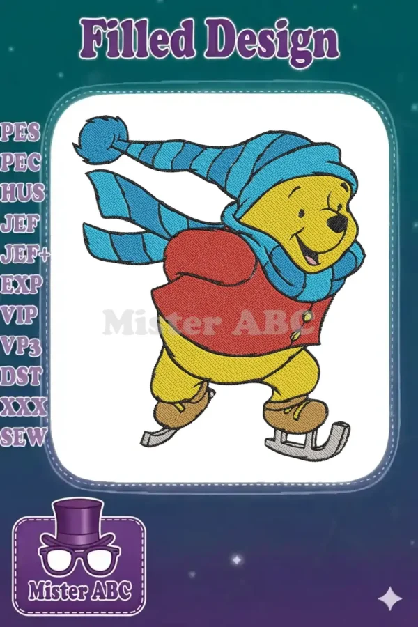Winnie the Pooh joyfully ice skating, wearing a red vest, blue striped hat, and matching scarf.