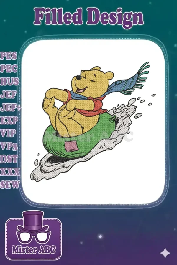 Winnie the Pooh embroidery design showing Pooh bear happily floating on a green raft, wearing a red shirt and blue scarf.