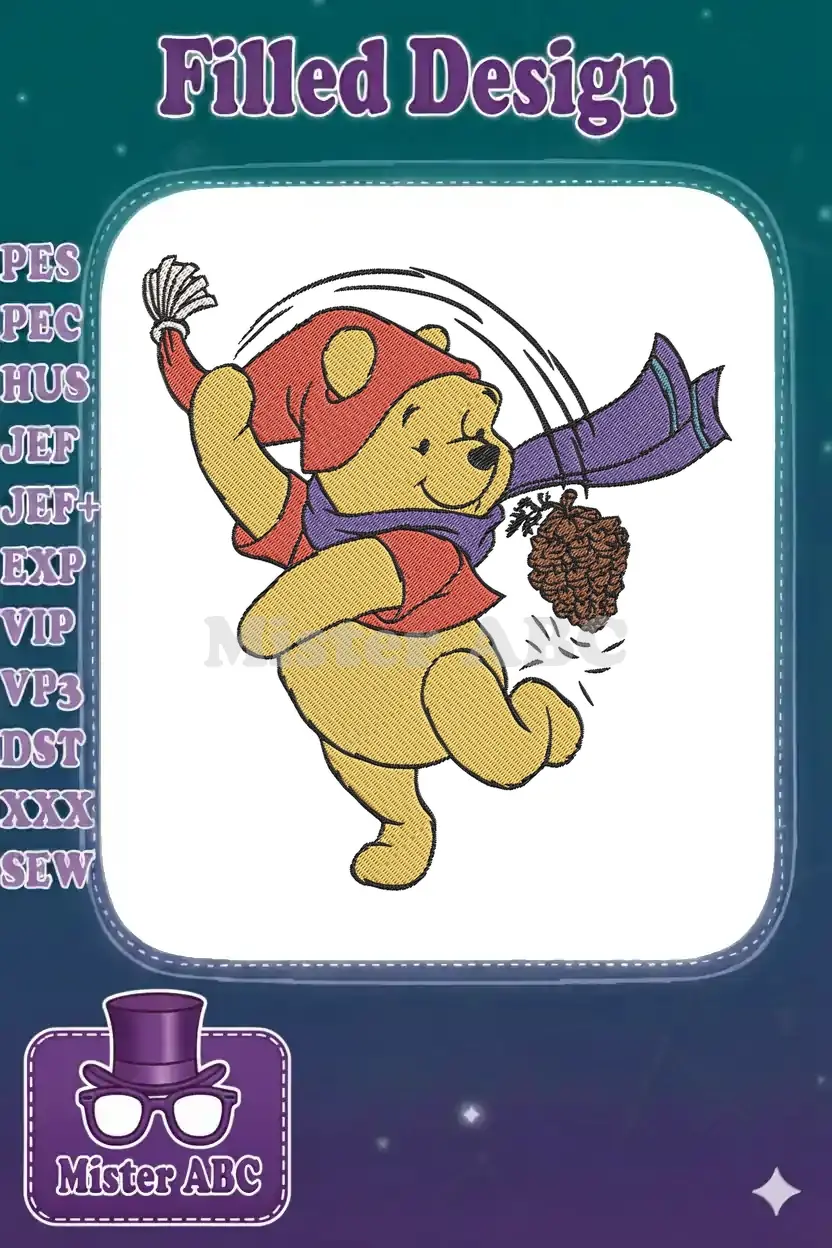 Winnie the Pooh embroidery design, dressed in a red hat and purple scarf, playfully tossing a pinecone in winter.