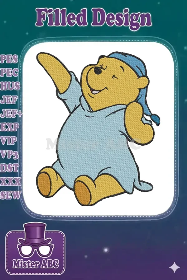 Winnie the Pooh embroidery design, sleeping peacefully in light blue pajamas and a matching nightcap.