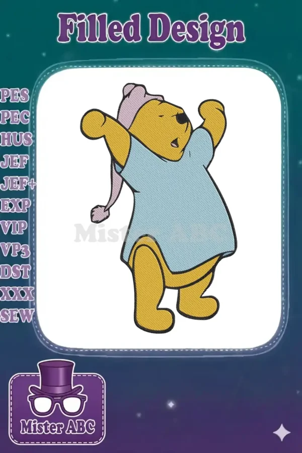 Adorable Winnie the Pooh embroidery design, stretching and yawning in a blue nightshirt and pink cap.