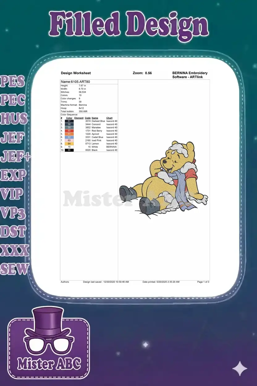 Embroidery design worksheet for Winnie the Pooh, showing dimensions, stitch count, colors, and machine info.