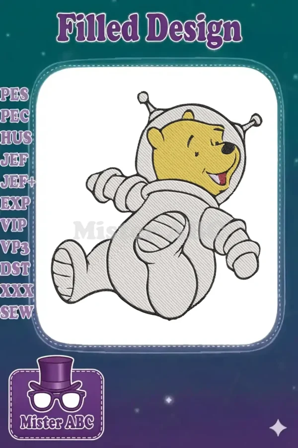 Winnie the Pooh astronaut embroidery design, featuring the beloved bear in a detailed space suit, ready for adventure.