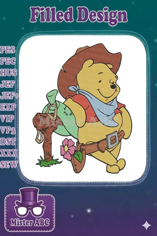 Winnie the Pooh dressed as a cowboy, holding a money bag and stick, with a flower by his foot, in a vibrant embroidery.