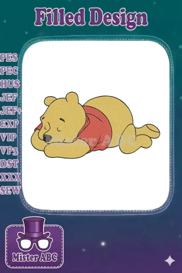 Close-up of a charming Winnie the Pooh embroidery design, showcasing the beloved bear peacefully sleeping on his side.