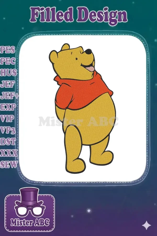 A delightful embroidery design of Winnie the Pooh, standing cheerfully with his tongue out, wearing his iconic red shirt.