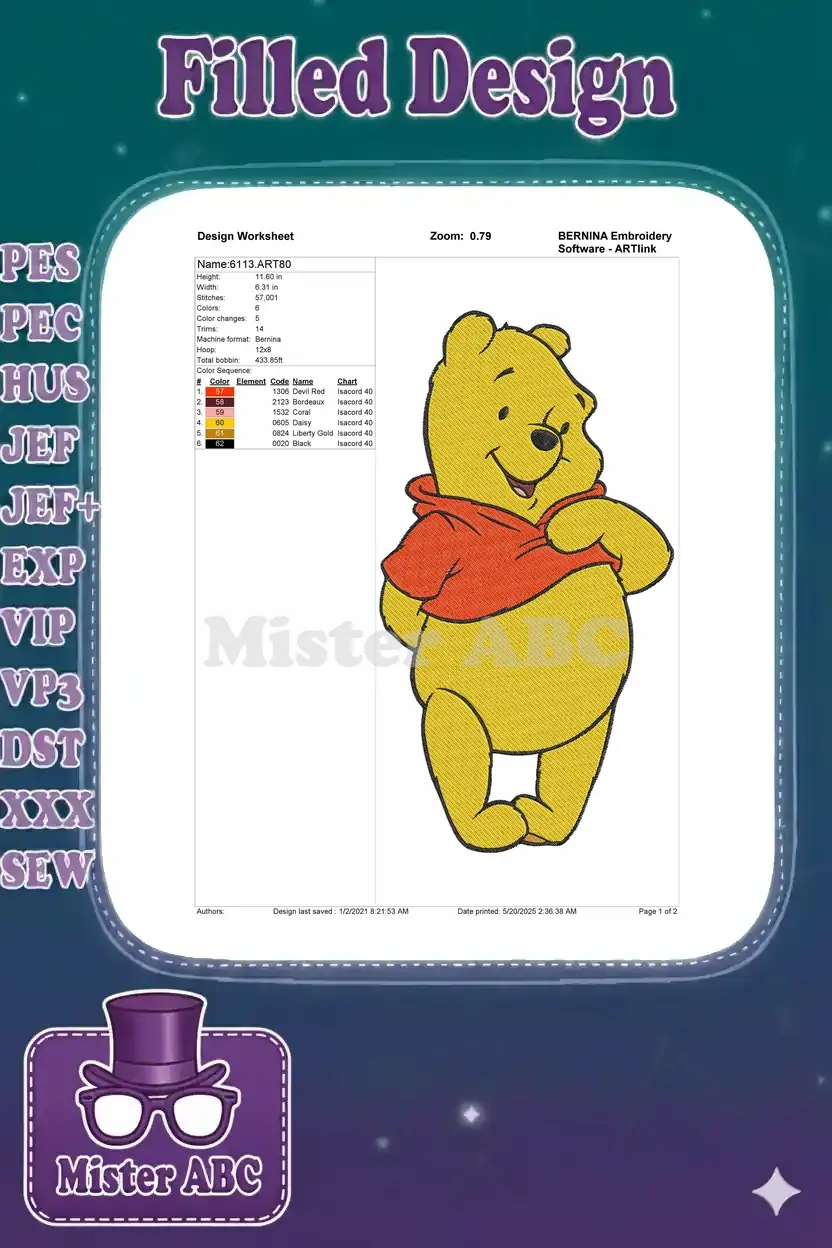A detailed embroidery design worksheet for Winnie the Pooh, showing dimensions, stitch count, color sequence, and thread codes.