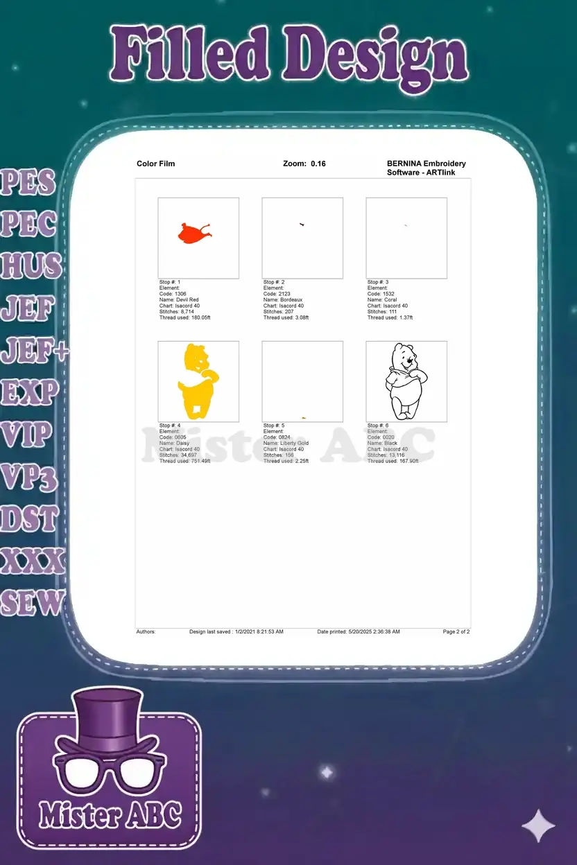 A color film sequence showing the stitch order for the Winnie the Pooh embroidery design, step-by-step color application.